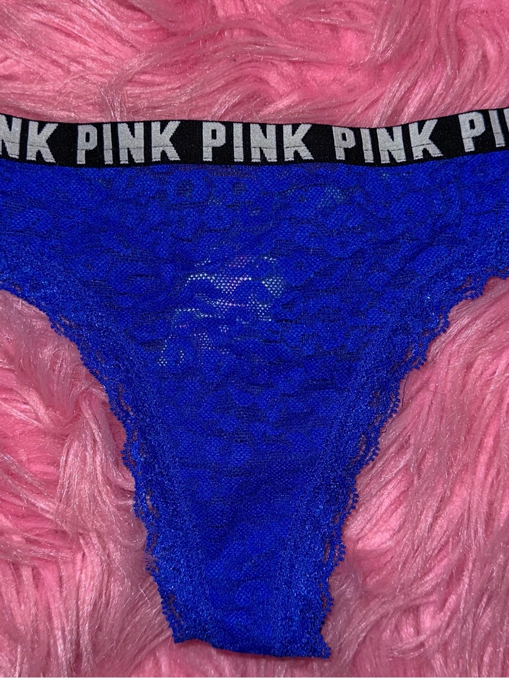 PINK Victoria's Secret Royal Blue Lace Thong with Branded Waistband